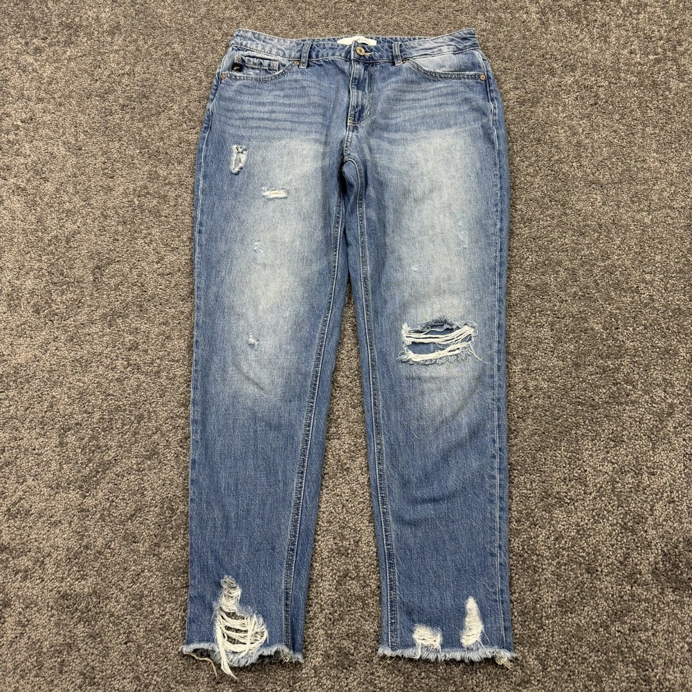 KanCan Jeans Womens 9/28 Blue Ankle Medium Wash Denim Distressed Fray City Logo
